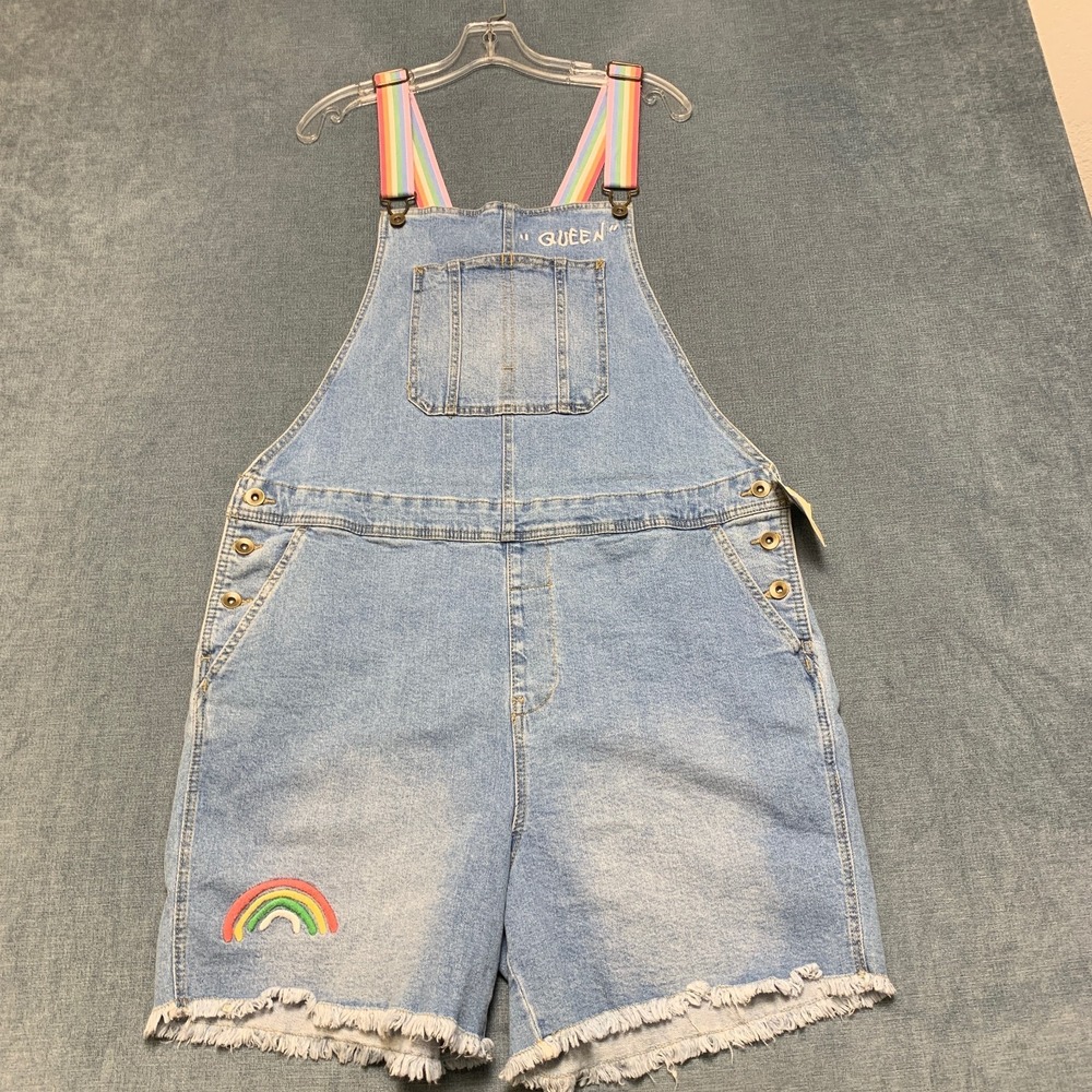 Take Pride Shortalls Overalls Women XL Blue Denim Queen Rainbow Adjustable Strap